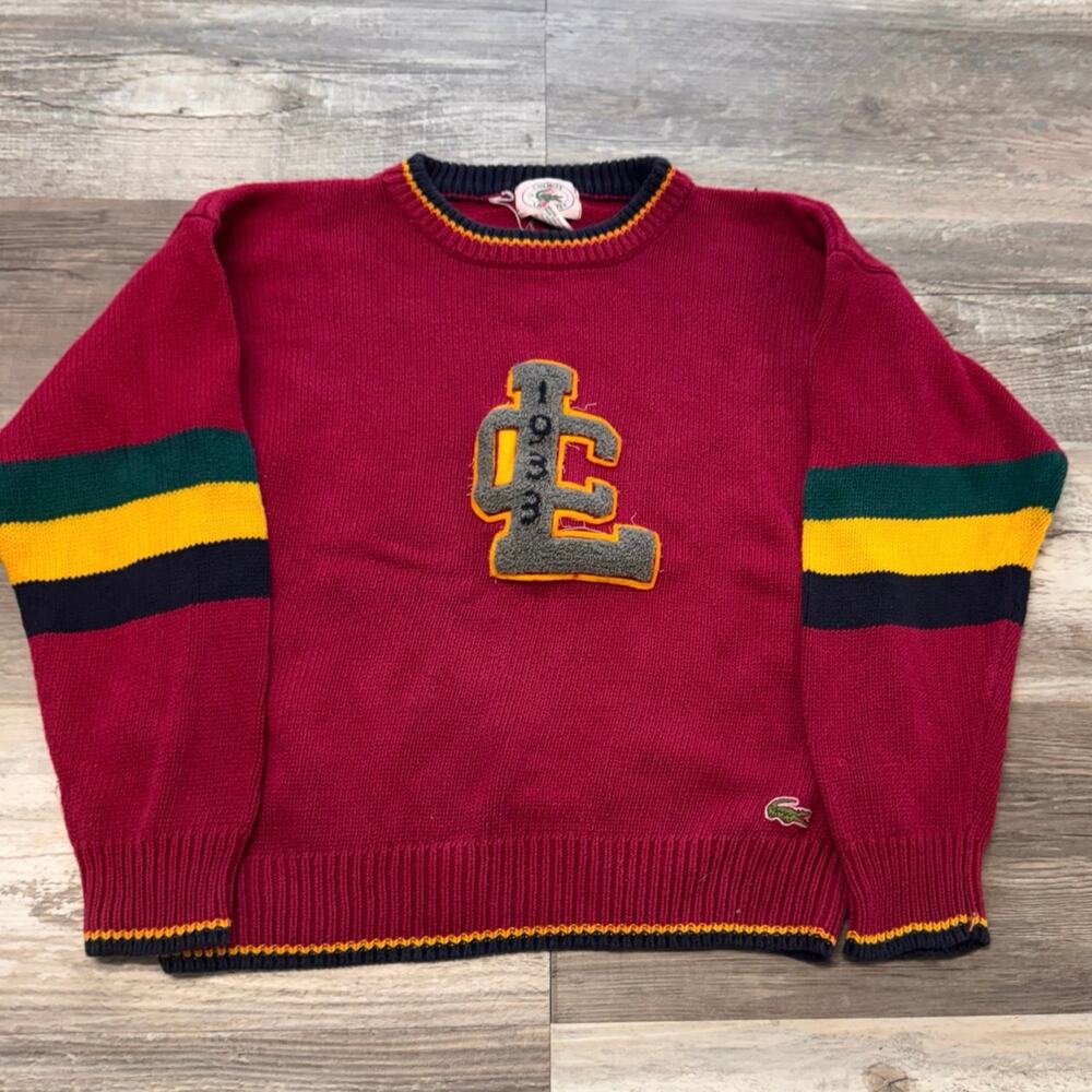 Vintage 90s Chemise Lacoste Red Boy M Chenile Patch Crewneck Cotton Knit Sweater